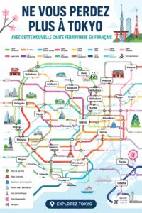 Carte ferroviaire en anglais de Tokyo affichant les principales lignes et stations de train.
