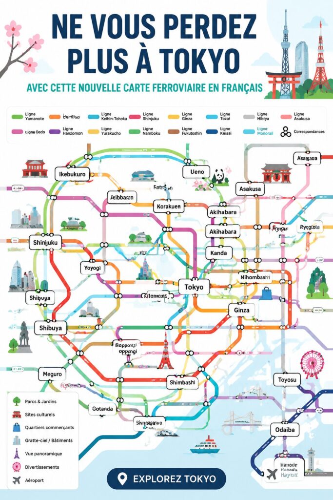 Carte ferroviaire en anglais de Tokyo affichant les principales lignes et stations de train.