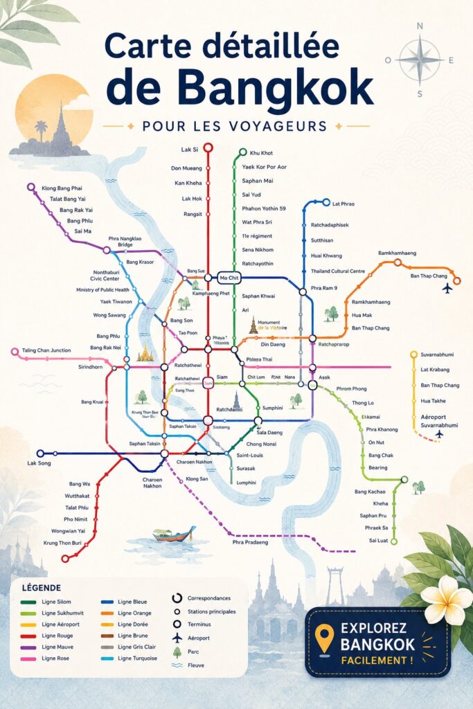 Carte détaillée de Bangkok affichée sur un fond lumineux, idéale pour les voyageuses.