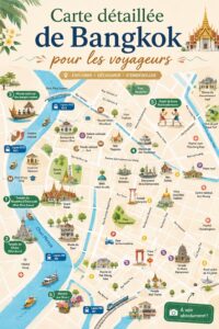 Carte détaillée de Bangkok, montrant les attractions principales pour les voyageurs.