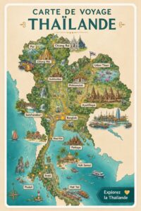 Carte des lieux à visiter en Thaïlande en 2026 montrant les destinations populaires.