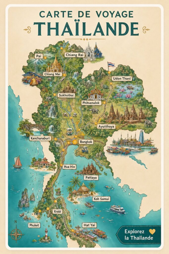 Carte des lieux à visiter en Thaïlande en 2026 montrant les destinations populaires.