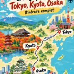 Carte de la route d'or japonaise incluant Tokyo, Kyoto et Osaka