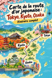 Carte de la route d'or japonaise incluant Tokyo, Kyoto et Osaka