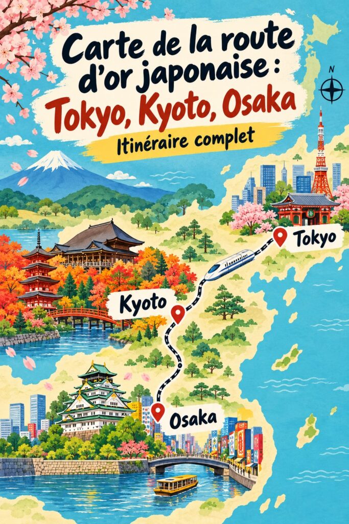Carte de la route d'or japonaise incluant Tokyo, Kyoto et Osaka