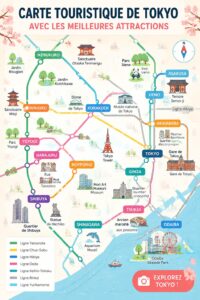 Carte touristique de Tokyo avec ses attractions incontournables.