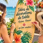 Centre de table coloré inspiré d'Hawaï avec fleurs tropicales et décorations estivales.
