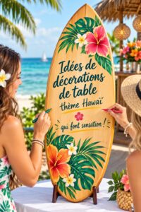 Centre de table coloré inspiré d'Hawaï avec fleurs tropicales et décorations estivales.