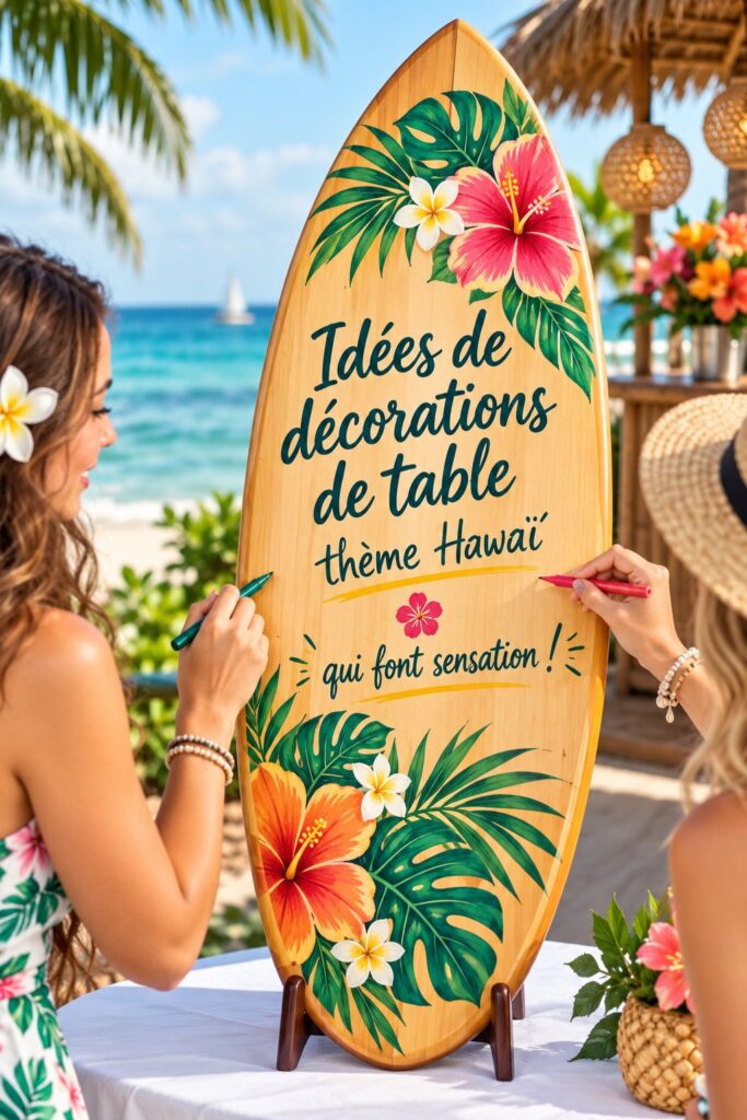 Centre de table coloré inspiré d'Hawaï avec fleurs tropicales et décorations estivales.