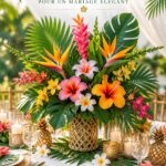 Décor tropical élégant pour un mariage avec centre de table fleuri
