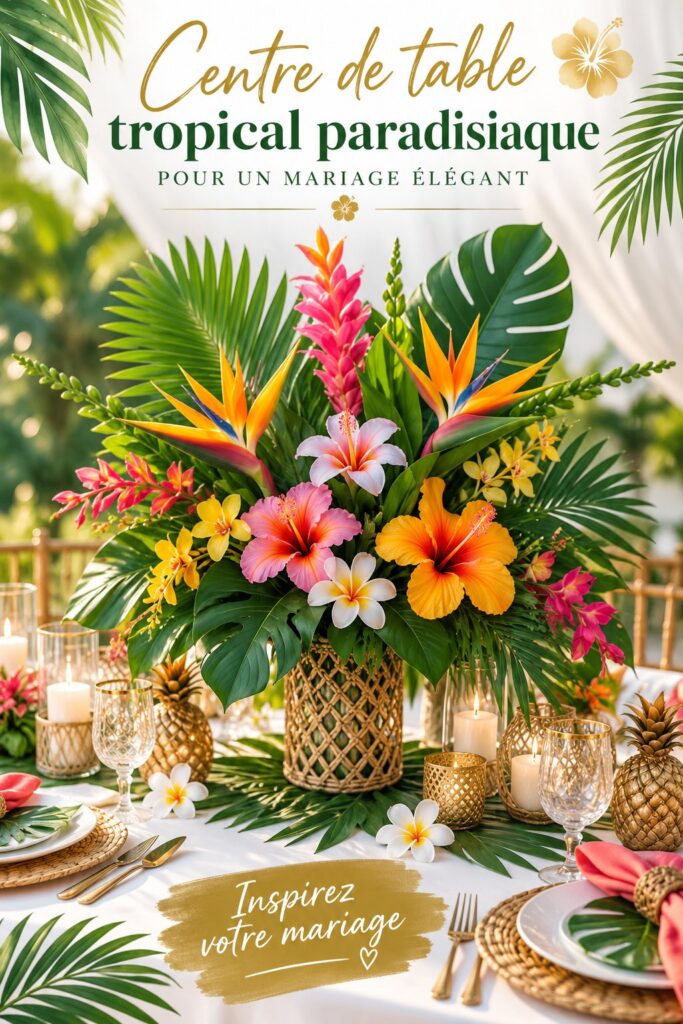 Décor tropical élégant pour un mariage avec centre de table fleuri