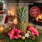 Centres de table de Noël colorés avec des fleurs tropicales et des accessoires lumineux.