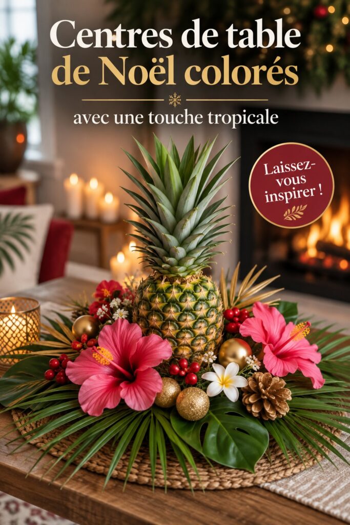 Centres de table de Noël colorés avec des fleurs tropicales et des accessoires lumineux.