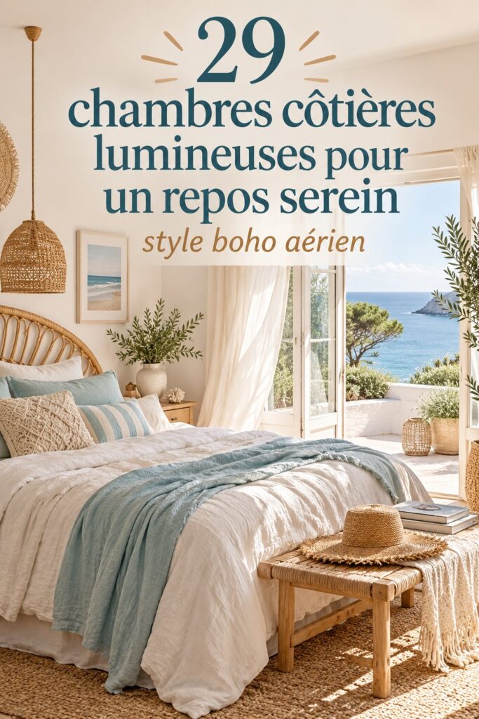 Chambre côtière lumineuse avec décoration apaisante, style boho