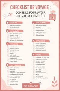 Une checklist de voyage colorée sur un bureau