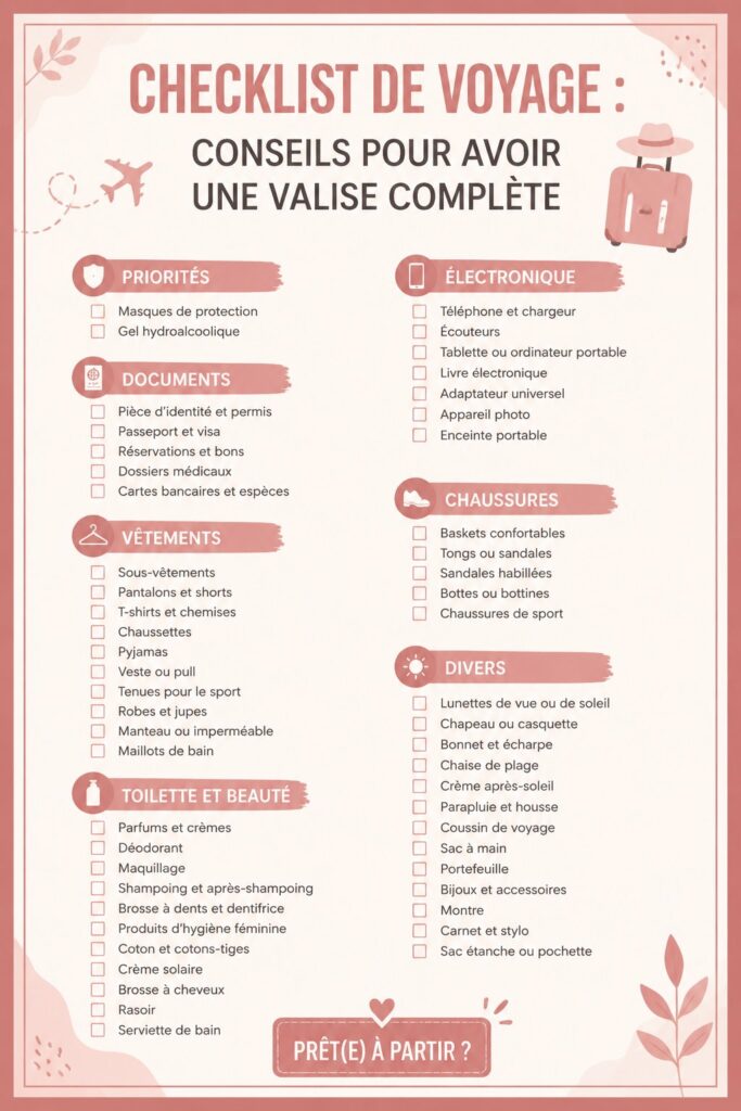 Une checklist de voyage colorée sur un bureau