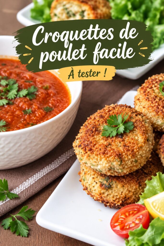 Recette traditionnelle de croquettes de poulet maison, servies avec une sauce et une garniture verte.