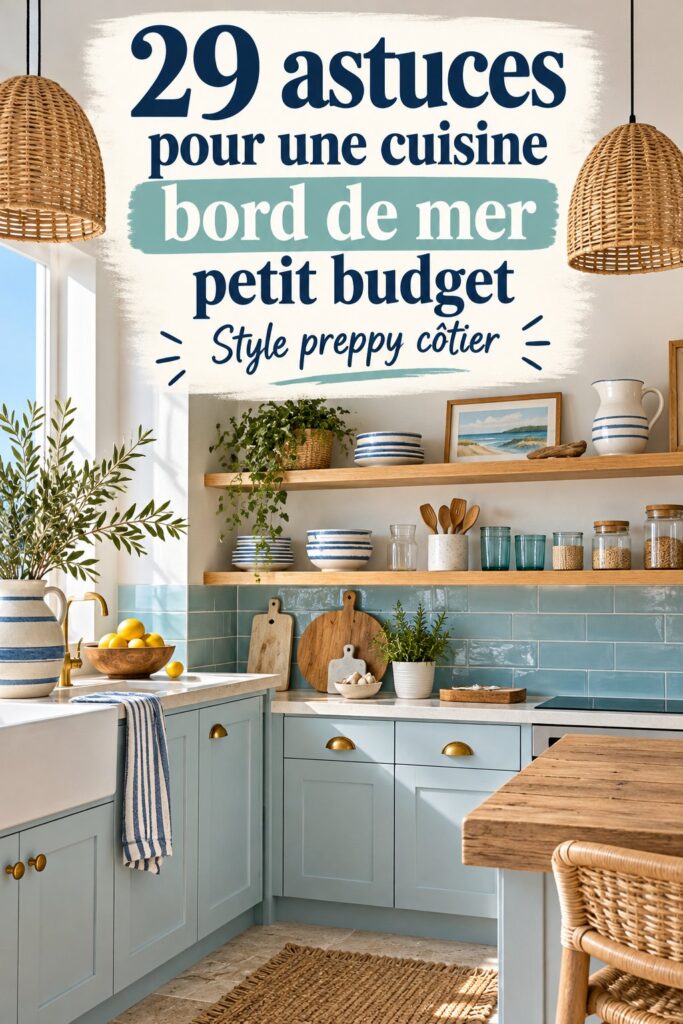 Cuisine lumineuse décorée dans un style bord de mer, avec des couleurs douces et des éléments naturels.