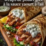 Wraps de poulet grec avec sauce au yaourt, servis avec des légumes frais.