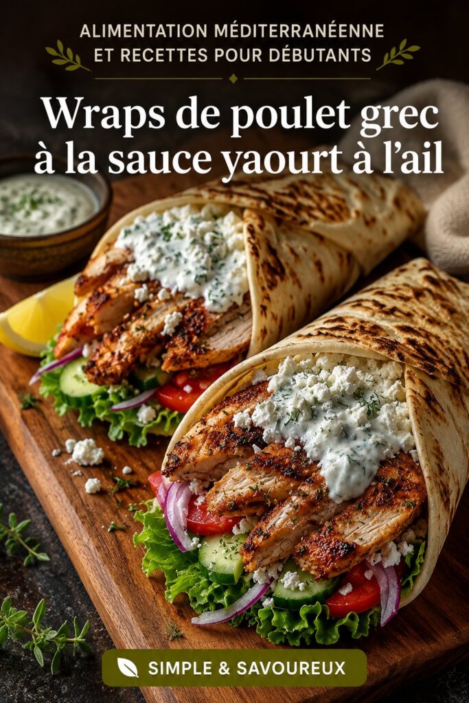 Wraps de poulet grec avec sauce au yaourt, servis avec des légumes frais.