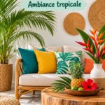 Intérieur chaleureux décoré dans un style caribéen avec des couleurs vives et des motifs tropicaux