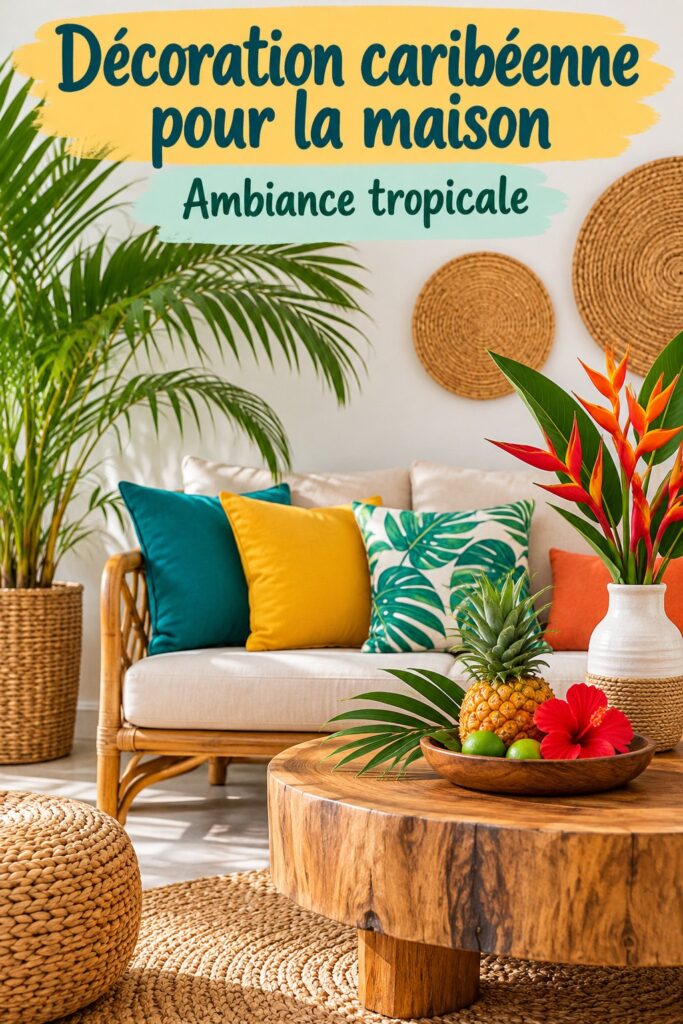 Intérieur chaleureux décoré dans un style caribéen avec des couleurs vives et des motifs tropicaux