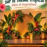 Une décoration tropicale colorée avec des fleurs et des feuillages luxuriants pour un événement festif.
