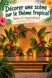 Une décoration tropicale colorée avec des fleurs et des feuillages luxuriants pour un événement festif.