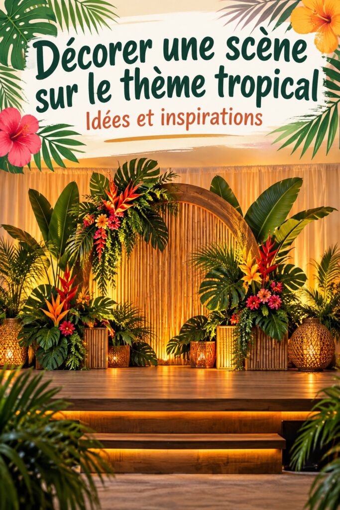 Une décoration tropicale colorée avec des fleurs et des feuillages luxuriants pour un événement festif.
