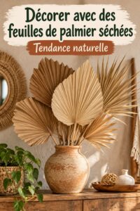 Décoration intérieure utilisant des feuilles de palmier séchées dans un cadre chaleureux.