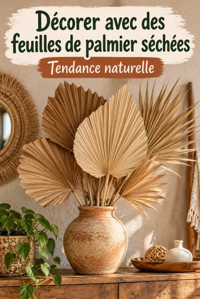 Décoration intérieure utilisant des feuilles de palmier séchées dans un cadre chaleureux.