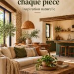 Intérieur chaleureux avec décoration rustique moderne, mélangeant bois et textiles doux.