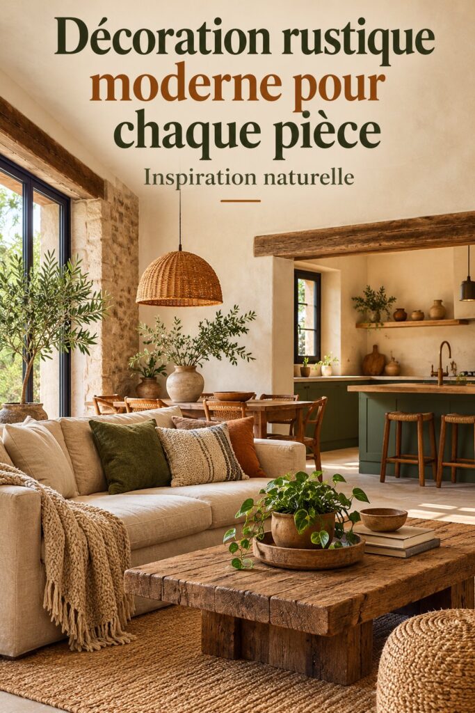 Intérieur chaleureux avec décoration rustique moderne, mélangeant bois et textiles doux.