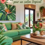Salón décoré avec des éléments tropicaux chaleureux et accueillants