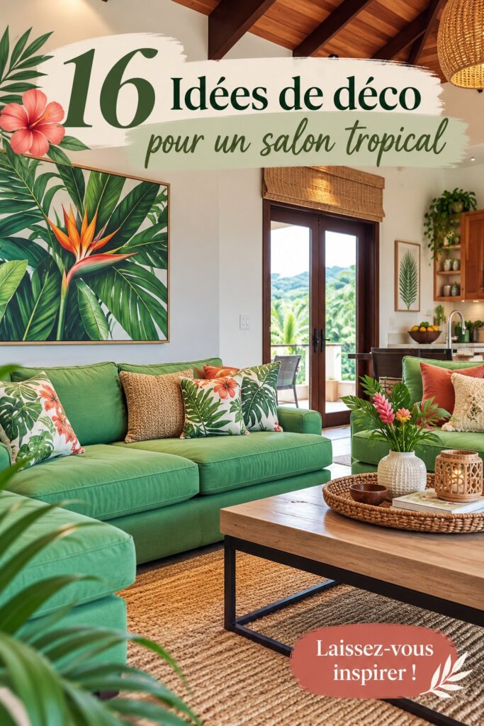 Salón décoré avec des éléments tropicaux chaleureux et accueillants