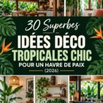 Un salon décoré avec des éléments tropicaux, plantes vertes et couleurs vives.