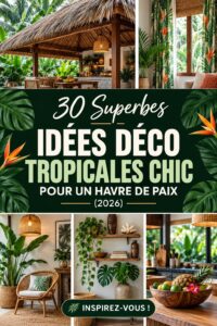 Un salon décoré avec des éléments tropicaux, plantes vertes et couleurs vives.