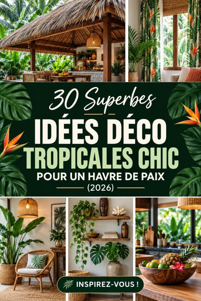 Un salon décoré avec des éléments tropicaux, plantes vertes et couleurs vives.