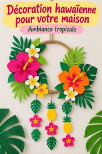 Un salon décoré avec des éléments hawaïens comme des motifs floraux et des couleurs tropicales.