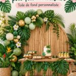 Décor tropical coloré pour un anniversaire luau avec fleurs exotiques et accessoires de plage