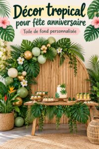 Décor tropical coloré pour un anniversaire luau avec fleurs exotiques et accessoires de plage