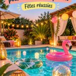 Décoration festive au bord d'une piscine avec guirlandes lumineuses et fleurs tropicaux