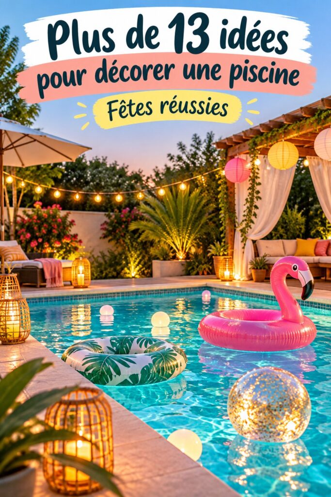Décoration festive au bord d'une piscine avec guirlandes lumineuses et fleurs tropicaux