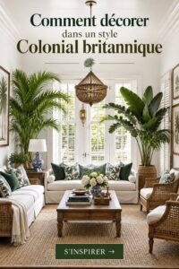 Intérieur d'une pièce décorée dans un style colonial britannique avec des couleurs chaudes et des meubles en bois.
