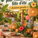 Ambiance d'une fête d'été avec décor tropical luxuriant et couleurs vives.