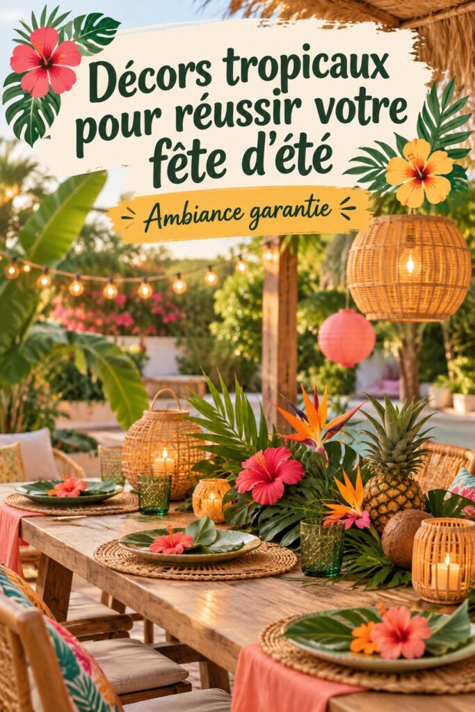 Ambiance d'une fête d'été avec décor tropical luxuriant et couleurs vives.