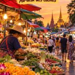 Une vue colorée des marchés animés de Bangkok avec des étals remplis d'articles variés.