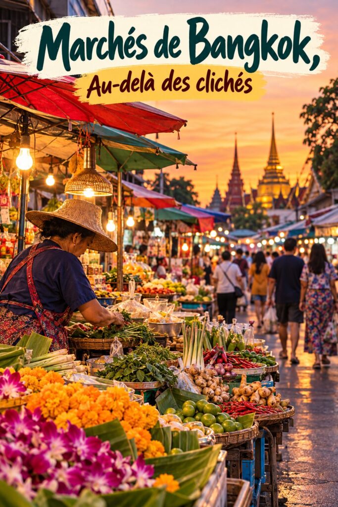 Une vue colorée des marchés animés de Bangkok avec des étals remplis d'articles variés.