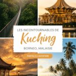 Vue panoramique de Kuching, Borneo, entre modernité et nature.