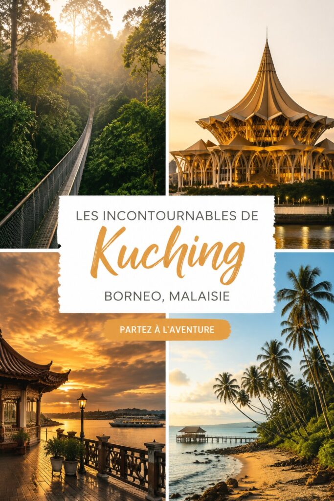Vue panoramique de Kuching, Borneo, entre modernité et nature.